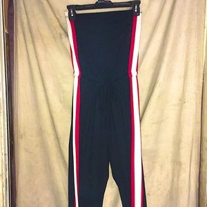 Strapless jumpsuit navy blue with red and white stripes pants